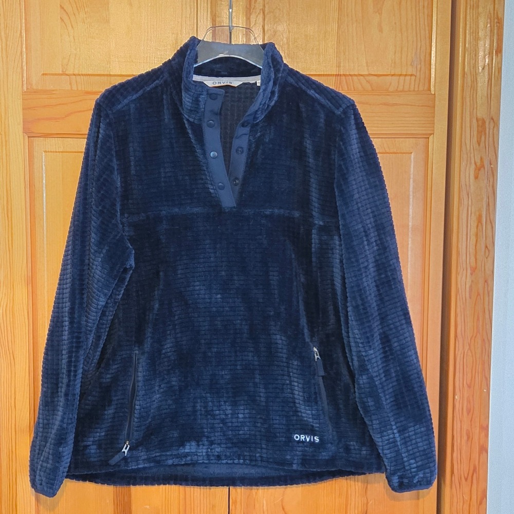 Orvis Womens Navy Blue Textured Grid Fleece Quarter Snap Pullover Size S
